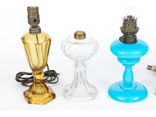 Group Of Five Antique Glass And Brass Oil Lamps