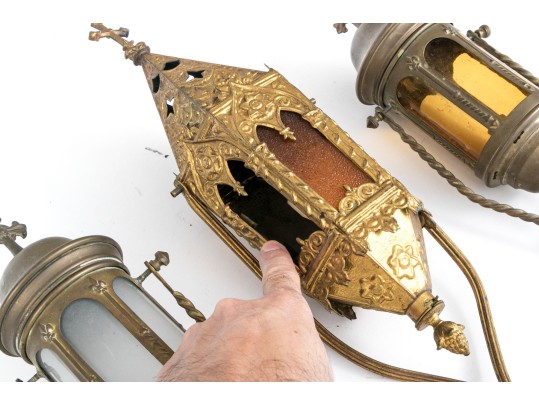Trio Of Christian Brass And Glass Procession Lanterns
