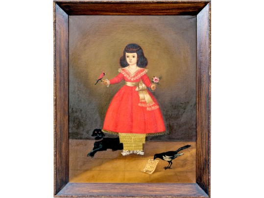 Horacio Rentería Rocha (Mexican, 1912-1972) Oil On Canvas, Girl With Dog And Birds