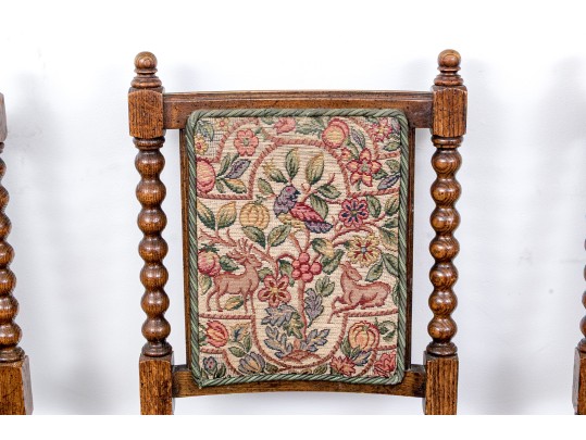 Set Of Four Vintage Carved Oak Bobbin Turned Side Chairs