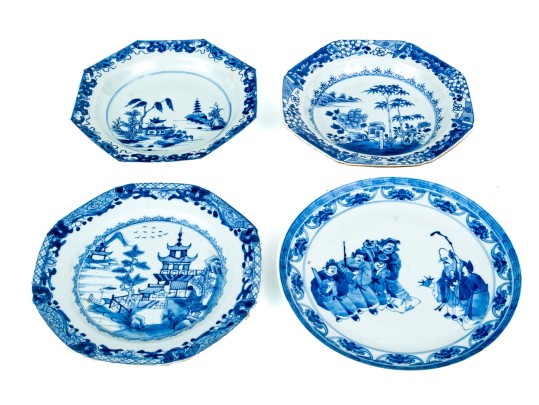 Four Chinese Export Blue And White Porcelain Bowls And Plates