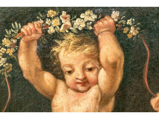 Two Antique Oil On Canvas Paintings Of Putti