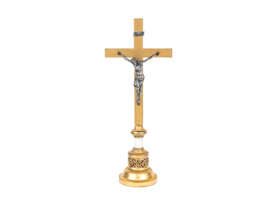 Large And Well Cast Brass And Silvered Altar Crucifix