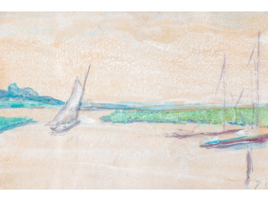 Gouache On Paper, Harbor Scene With Figures