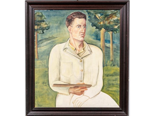 Oil On Board, Portrait Of Seated Man In Landscape