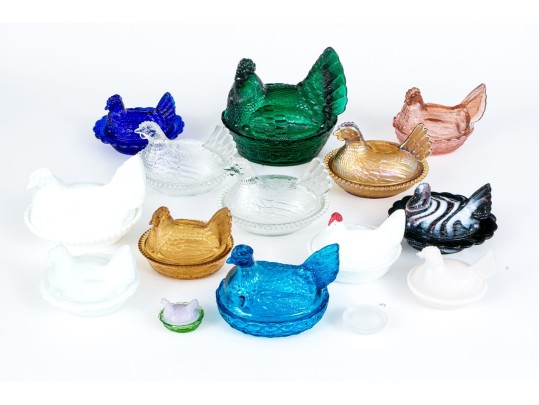 Collection Of Fifteen Vintage Glass Hens On Nests