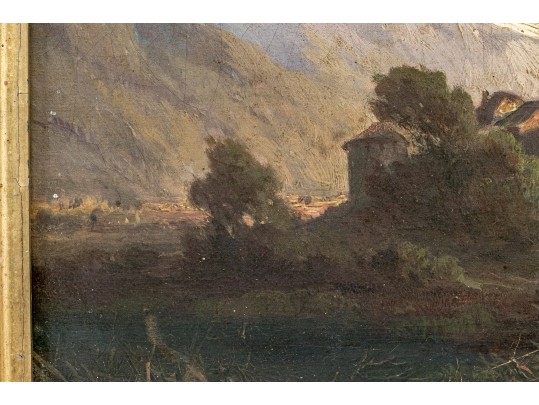 Diminutive Antique Oil On Panel, Mountainous Landscape With Figures And Cottage