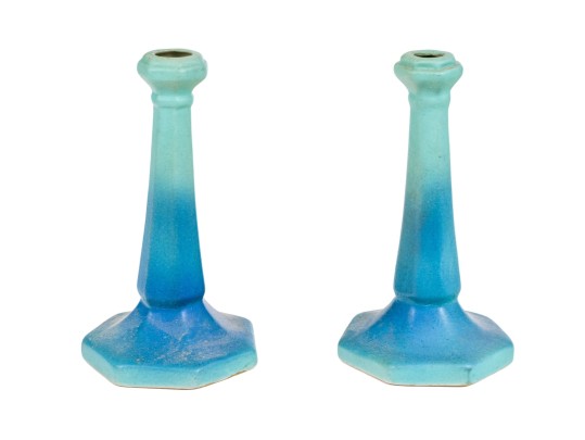 Pair Of Van Briggle Turquoise Glazed Ceramic Candlesticks