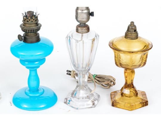 Group Of Five Antique Glass And Brass Oil Lamps