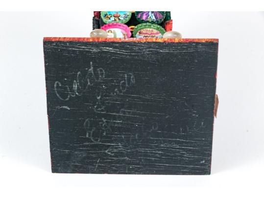 Signed Mixed Media Sculpture Of The Cross With Painted Bottle Caps