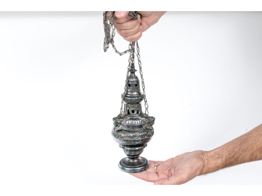 Semi-Antique Silver Plated Hanging Incense Burner