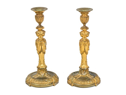 Louis XVI Style Gilt Bronze Figural Vestal Virgins Candlesticks