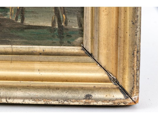 Diminutive Antique Oil On Panel, Landscape With Waterway