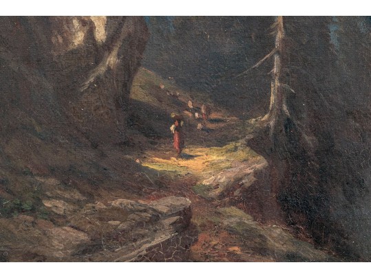 Diminutive Antique Oil On Panel, Mountainous Landscape With Figures