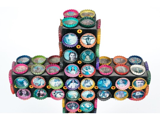 Signed Mixed Media Sculpture Of The Cross With Painted Bottle Caps