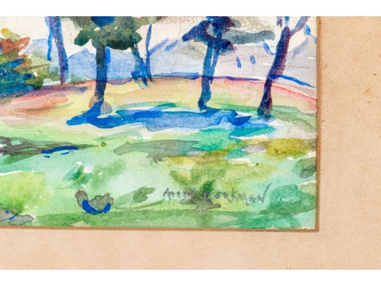 Signed Watercolor On Paper, Pond Outside Of Town