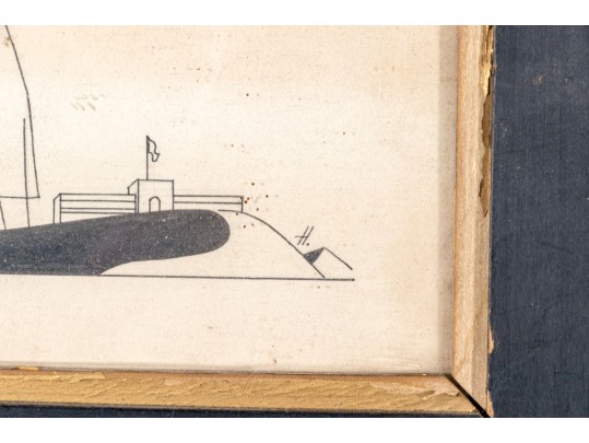 Signed H. Ink Drawing On Paper, Large Woman With Couple