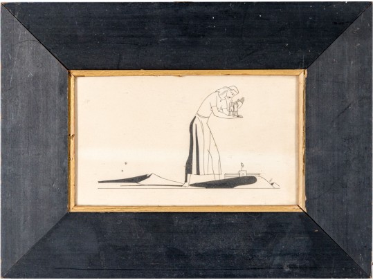 Signed H. Ink Drawing On Paper, Large Woman With Couple