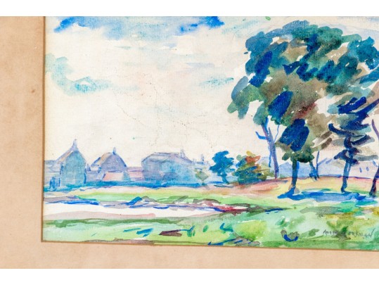 Signed Watercolor On Paper, Pond Outside Of Town