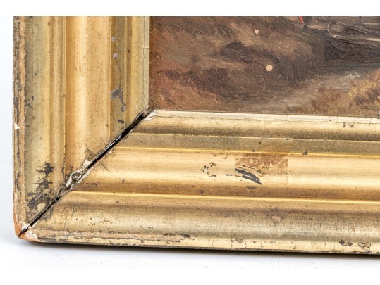 Dimunituve Antique Oil On Panel, Landscape With Figures And Architecture