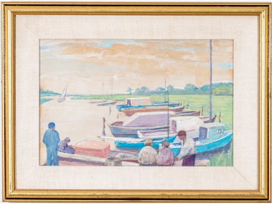 Gouache On Paper, Harbor Scene With Figures