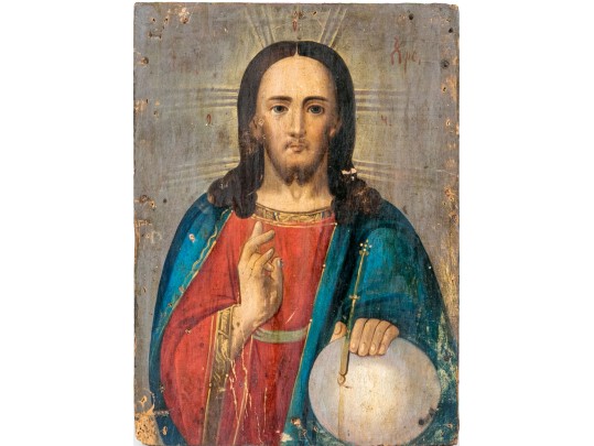 Oil On Panel Icon Of Christ Pantocrator