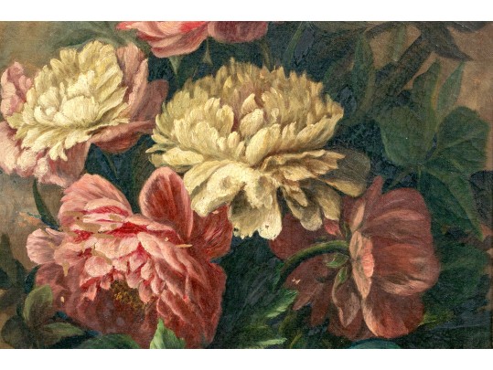 Oil On Canvas, Still Life Of Pink And Yellow Peonies