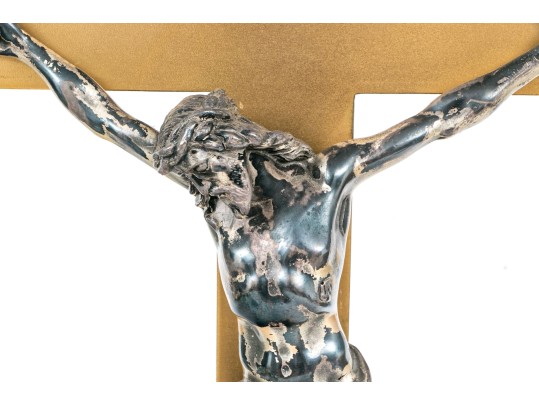 Large And Well Cast Brass And Silvered Altar Crucifix
