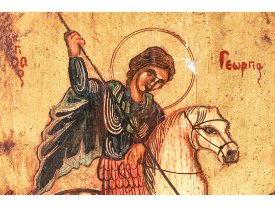 Antique Greek Orthodox Icon Of St. George Slaying A Dragon