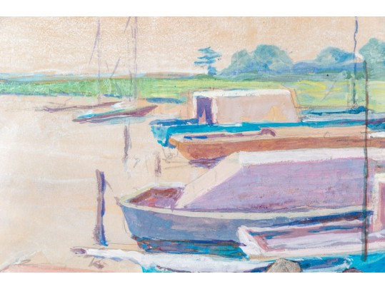 Gouache On Paper, Harbor Scene With Figures