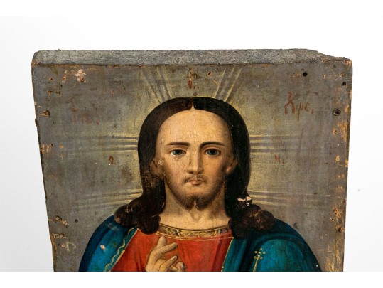 Oil On Panel Icon Of Christ Pantocrator