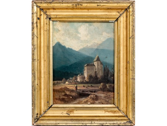 Dimunituve Antique Oil On Panel, Landscape With Figures And Architecture