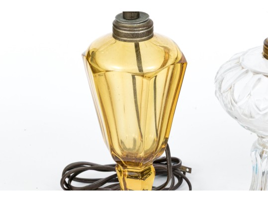 Group Of Five Antique Glass And Brass Oil Lamps