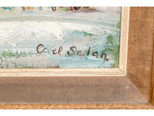 Carl Salan Oil On Board, Winter Townscape