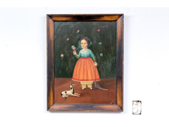 Horacio Rentería Rocha (Mexican, 1912-1972) Oil On Canvas, Girl With Butterflies And Dog