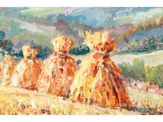 Zwiagina (Polish, 20th Century) Oil On Canvas Panel, Haystacks