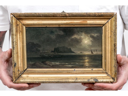 Diminutive Antique Oil On Panel, Coastal Scene At Night