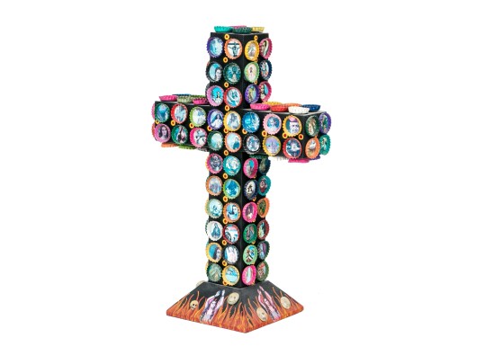 Signed Mixed Media Sculpture Of The Cross With Painted Bottle Caps