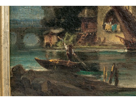 Diminutive Antique Oil On Panel, Landscape With Waterway