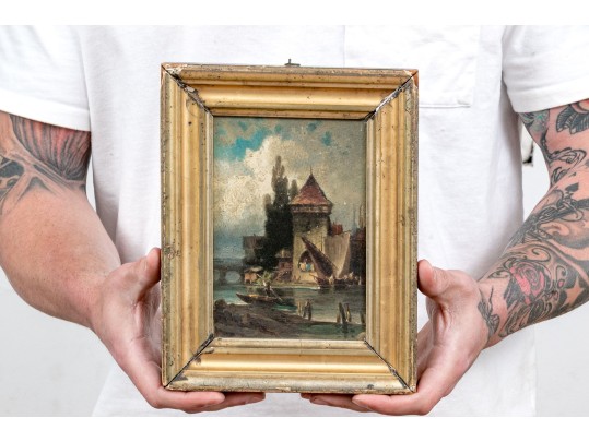 Diminutive Antique Oil On Panel, Landscape With Waterway