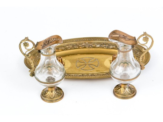 Christian Brass And Crystal Altar Cruet Set