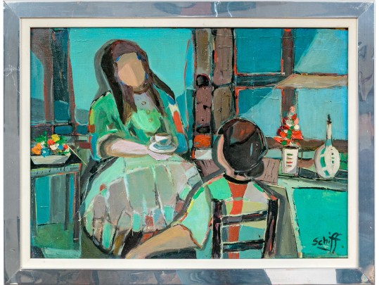 Signed Schiff Oil On Canvas Panel, Expressionist Conversation