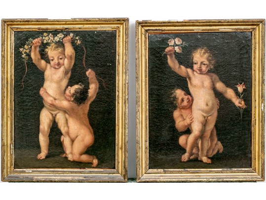 Two Antique Oil On Canvas Paintings Of Putti