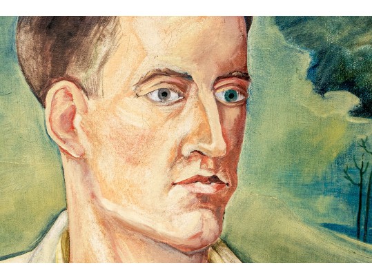 Oil On Board, Portrait Of Seated Man In Landscape