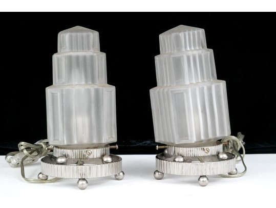Pair Of French Art Deco Frosted Glass Table Lamps