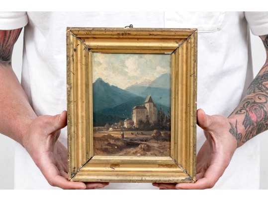 Dimunituve Antique Oil On Panel, Landscape With Figures And Architecture