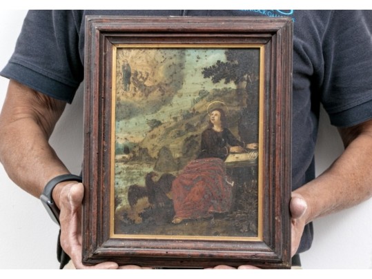 Spanish Colonial Oil On Board, St. John The Evangelist Writing The Book Of Revelation