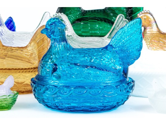 Collection Of Fifteen Vintage Glass Hens On Nests