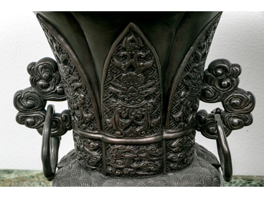 Pair Of Chinese Pewter Patinated Bronze Gu Form Vases