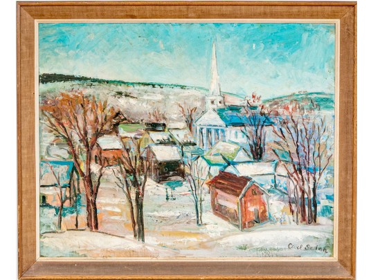Carl Salan Oil On Board, Winter Townscape